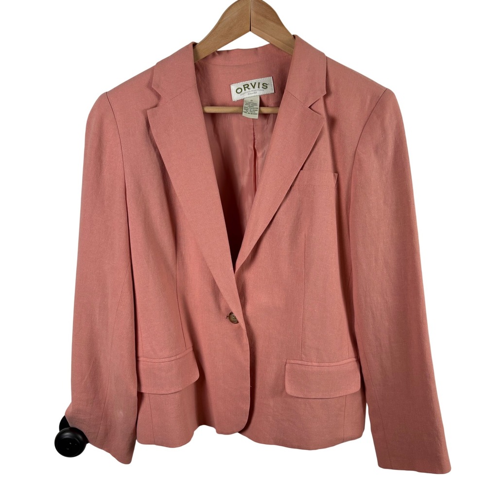 ORVIS Womens Salmon Pink Coral Linen Blend Blazer Jacket Size 8 Tailored Classic